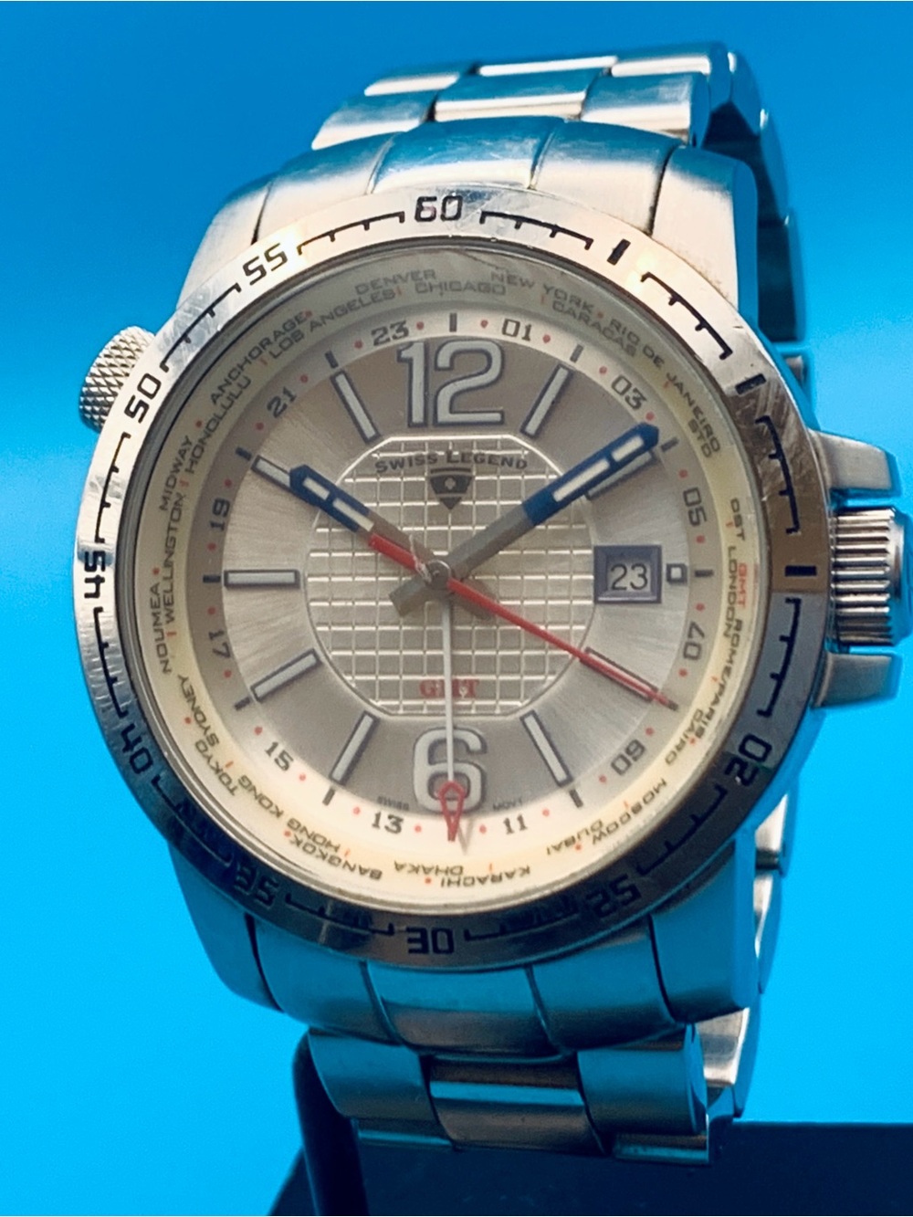 SWISS LEGEND GMT WORLDTIMER Men’s Wristwatch Swiss Movt St Steel Works New Batt